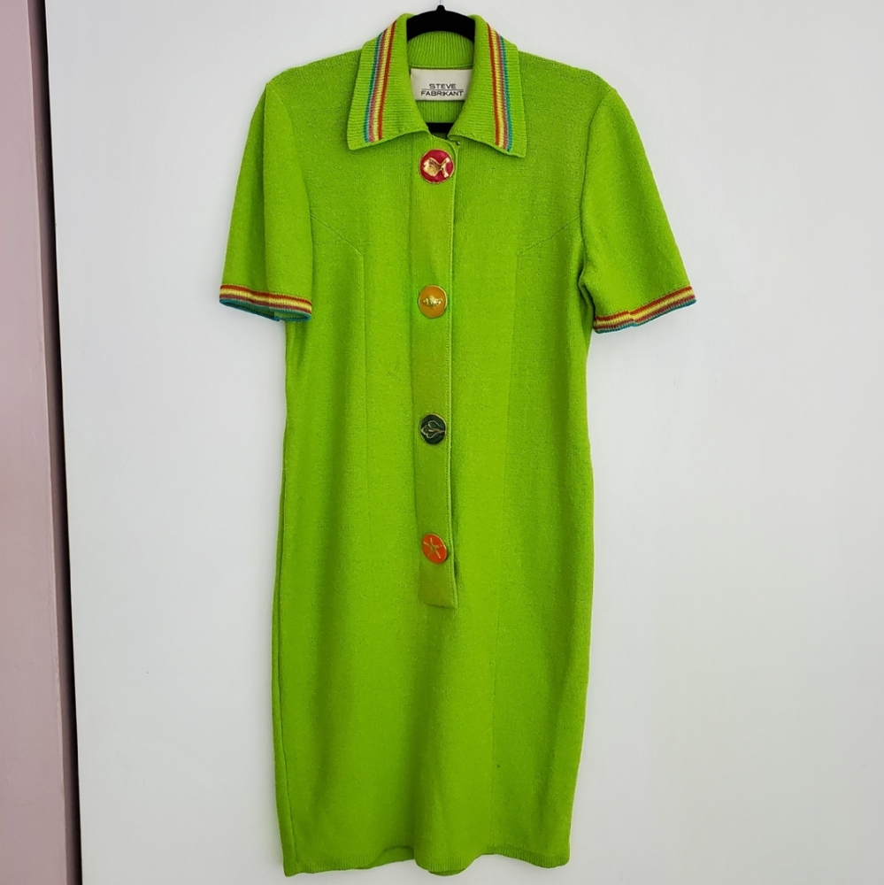 Vintage Steve Fabrikant Lime Green Knit Dress Large 80s